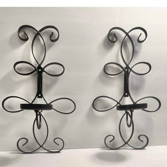 Ornate Black Iron Wall Sconce Candle Holders Set Of 2 Scroll Design 16" Tall - Picture 3 of 7